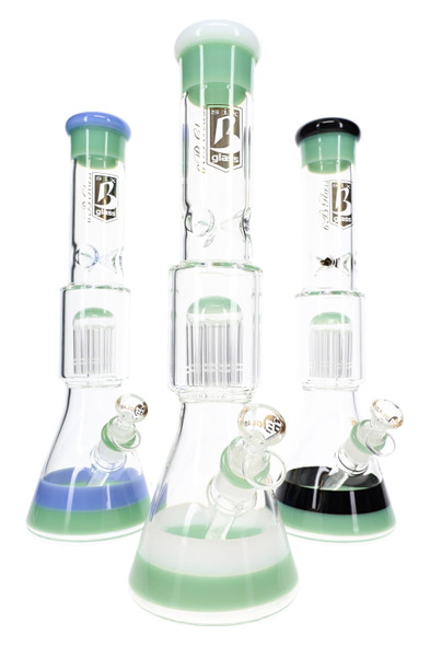 Assorted 14.5-inch 6B Glass beaker water pipes with 10-arm tree percolators, ice pinches, multicolor accent glass, and matching glass bowls.