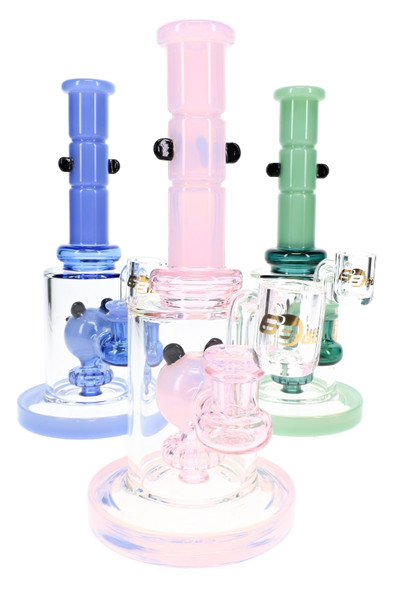 Assorted 9-inch 6B Glass panda showerhead dab rigs in blue, pink, green, and white with matching quartz bangers.