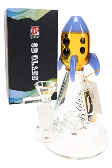Amber and blue rocket ship 7-inch 6B Glass beaker water pipe with showerhead percolator, 14.5 mm bowl, and branded retail box.