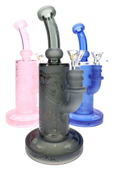 Assorted 9.5-inch 6B Glass frosted floral water pipes with bent necks, etched floral designs, showerhead percolators, and matching glass bowls.