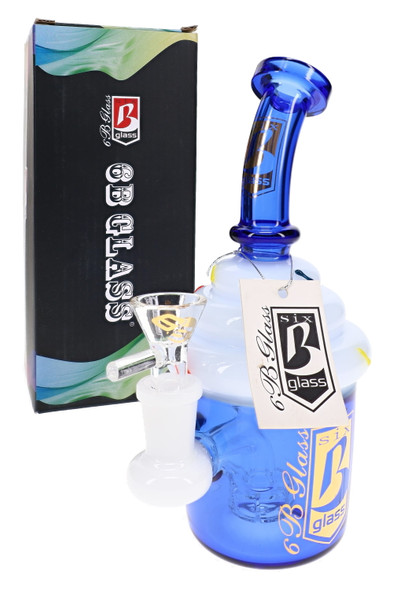 Blue 6B Glass cupcake water pipe with bent neck, white cupcake-style chamber, showerhead percolator, matching bowl, and branded retail packaging.