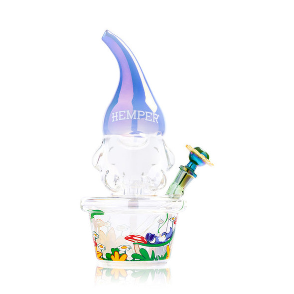 Front view of Hemper Trippy Gnome XL glass bong with blue iridescent hat, clear gnome body, and flower-themed bowl