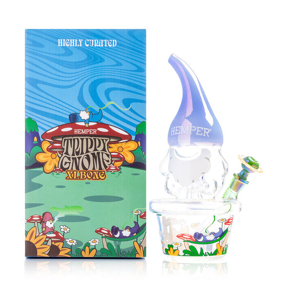 Hemper Trippy Gnome XL glass bong with retail box, blue iridescent hat, flower-pot base, and daisy bowl display