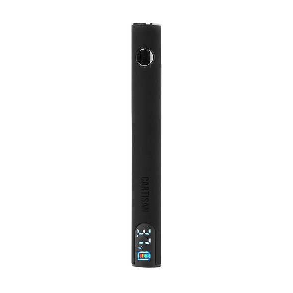 Matte black Cartisan Pro Pen NEO 900 510 battery with front button and illuminated digital voltage display