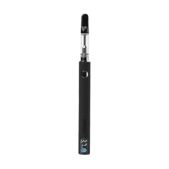 Black Cartisan Pro Pen NEO 900 battery with compatible 510 cartridge attached and digital voltage display