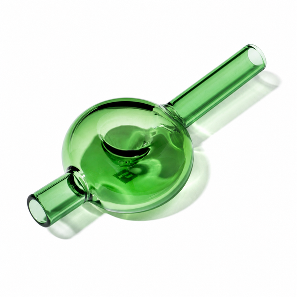 Emerald NWTN Bolla glass hand pipe displayed from an angled top view with a rounded sculptural bowl and straight mouthpiece.