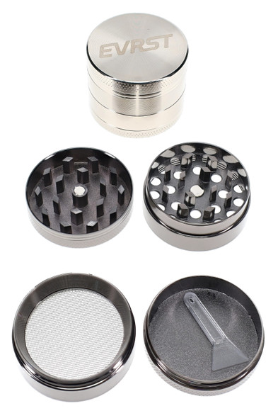 Silver EVRST 4-part metal grinder shown assembled and opened to display teeth, screen, lower chamber, and scraper
