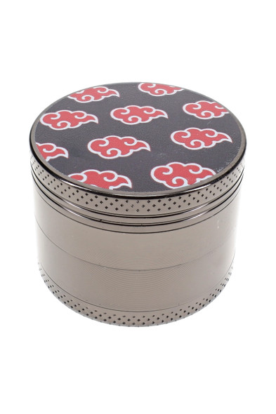 Closed 4-part metal grinder with dark finish and repeating red cloud decal design across the round lid