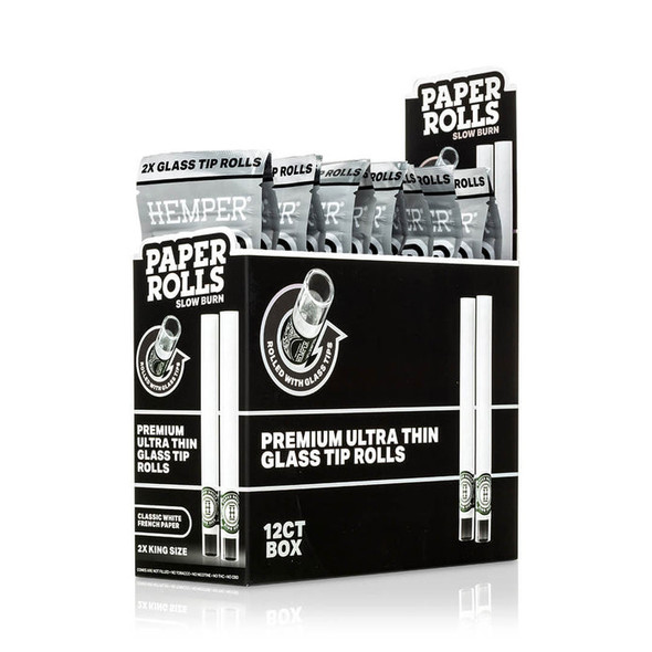 HEMPER Paper Rolls counter display with 12 retail pouches arranged upright inside the branded display box