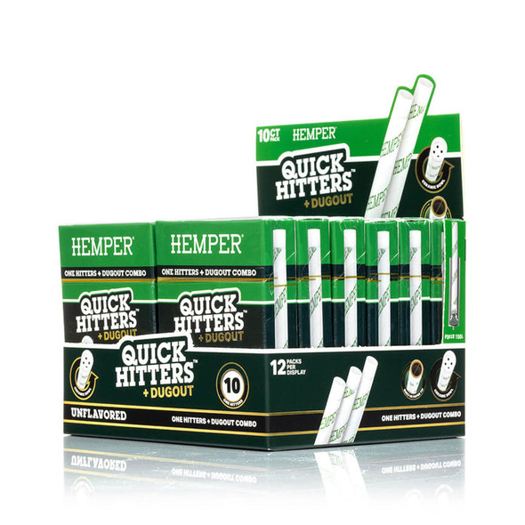 HEMPER Natural Quick Hitters + Dugout 12-pack display with green retail boxes and individual hitters visible