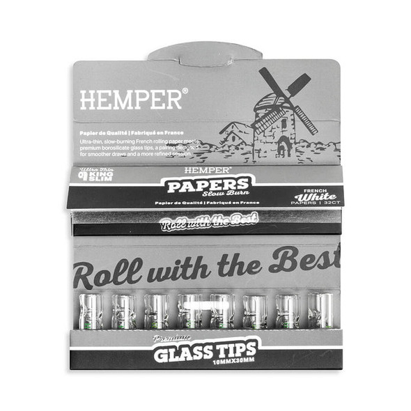 Open HEMPER combo pack showing king size rolling papers above a row of eight clear glass tips