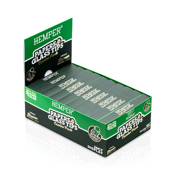 HEMPER Natural Brown Papers & Glass Tips 20-pack display with green-and-black retail combo packs