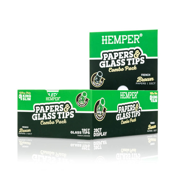 HEMPER Natural Brown Papers & Glass Tips display showing 20 combo packs and branded display header