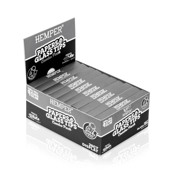 HEMPER Classic White Papers & Glass Tips 20-pack display with black-and-gray retail combo packs