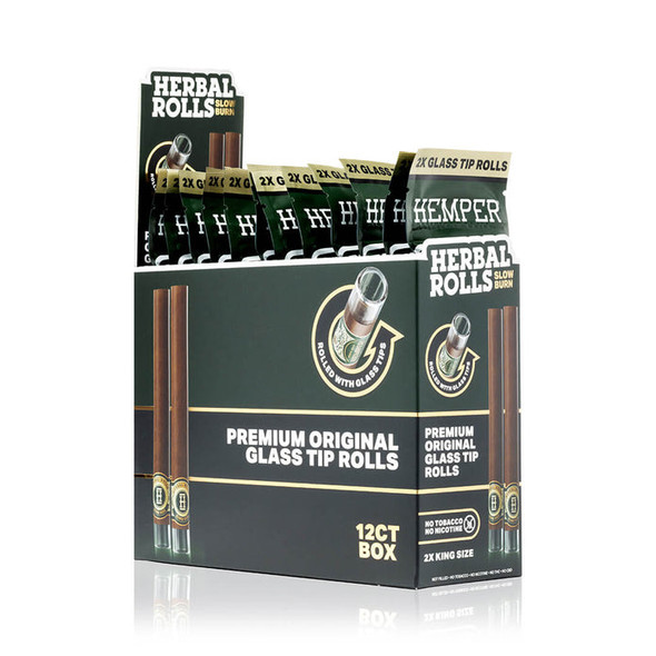 HEMPER Natural glass-tipped rolls 12-count display in green packaging with individual packs upright
