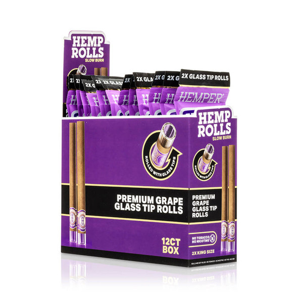 HEMPER Grape Glass-Tipped Hemp Rolls 12-pack display with purple packaging and individual two-roll packs
