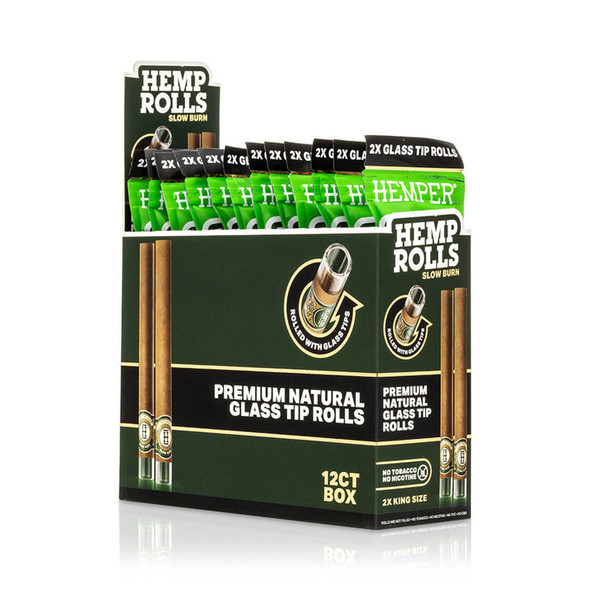 HEMPER Natural Glass-Tipped Hemp Rolls 12-pack display in green-and-black packaging with two-roll packs