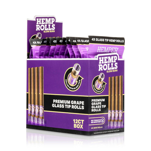 HEMPER Grape Mini Glass-Tipped Hemp Rolls 12-pack display with purple four-count retail pouches
