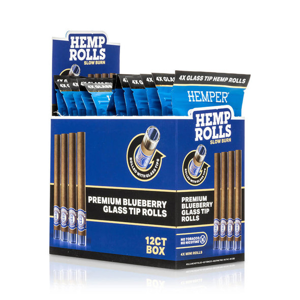 HEMPER Blueberry Mini Glass-Tipped Hemp Rolls 12-pack display with blue four-count retail pouches