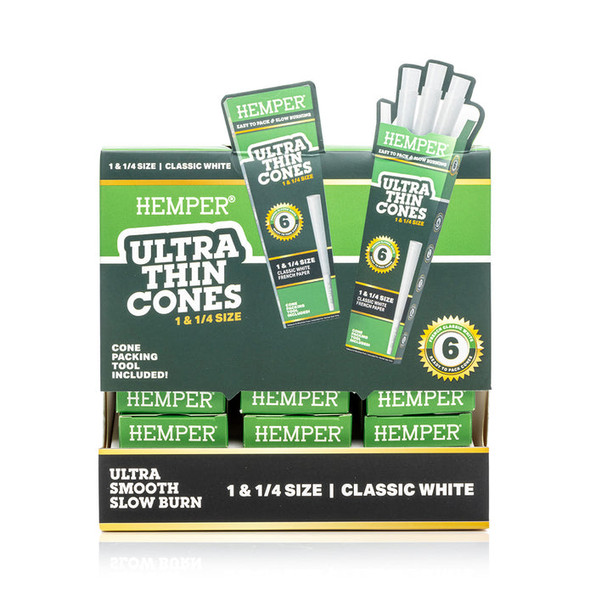 Front view of HEMPER Ultra Thin 1 1/4 Classic White six-pack cones in 24-pack retail display