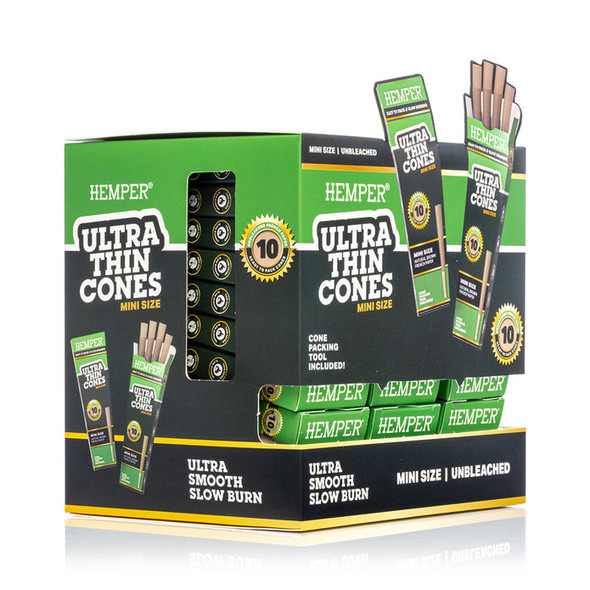 Angled HEMPER Ultra Thin Mini unbleached cone display showing green 10-count retail packs