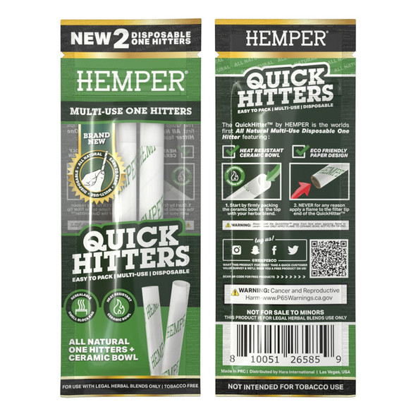 Front and back of HEMPER Unflavored Quick Hitters 2-pack showing ceramic bowl features and retail packaging