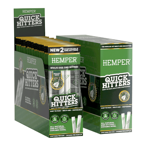 HEMPER Unflavored Quick Hitters 20-pack retail display with green 2-pack bags and ceramic-bowl one hitters