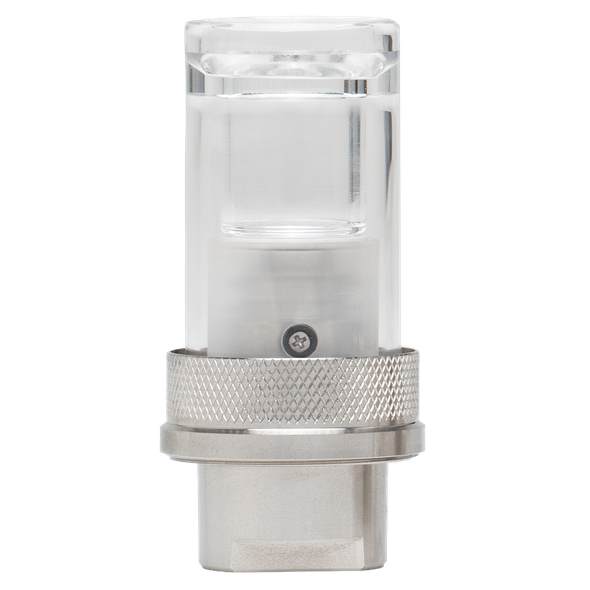 Front view of clear DaVinci EQ Quartz Crucible with textured metal retention ring and cylindrical connector