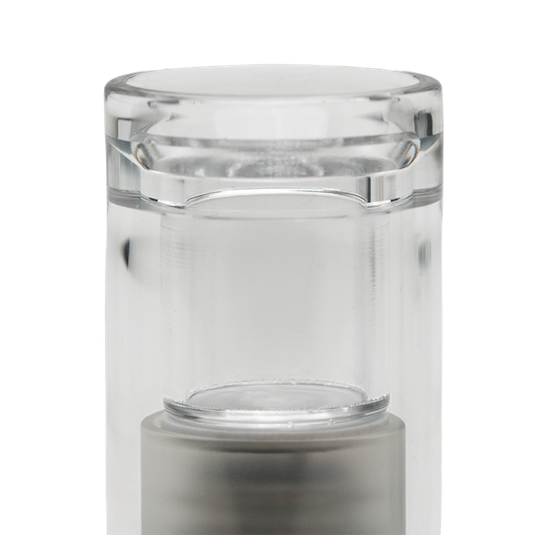 Close-up of clear DaVinci EQ Quartz Crucible showing cylindrical chamber and recessed upper cup