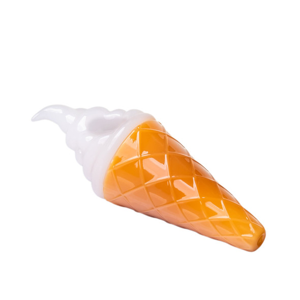 Ice cream cone-shaped glass hand pipe with white soft-serve swirl and orange waffle-cone design