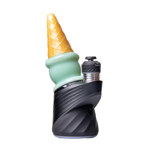 Ice cream cone Peak top installed on black Puffco device, with mint-green glass body and golden waffle cone