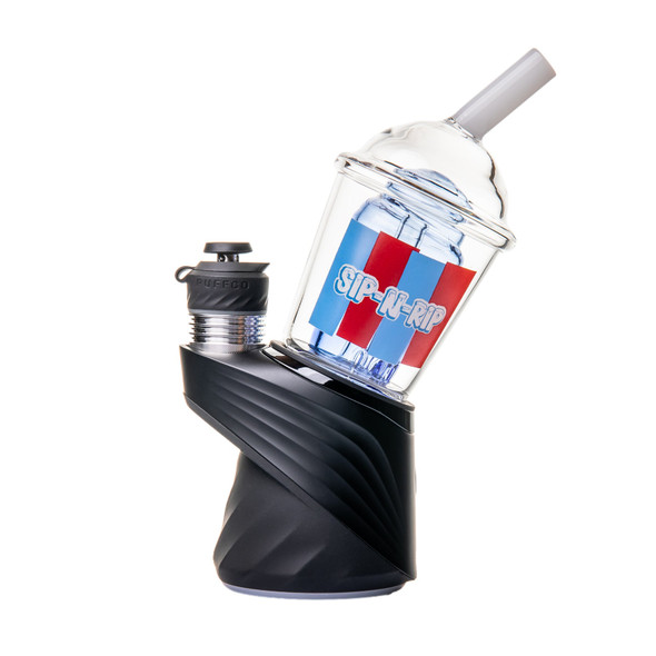Sip-N-Dip glass Peak top mounted on a black device with clear cup body, blue interior and red-blue graphic