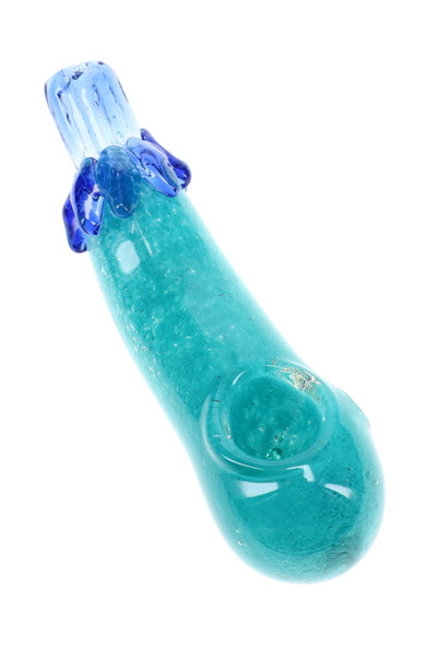 Close-up turquoise eggplant-shaped glass spoon pipe with blue glass accents, rounded bowl, and light blue mouthpiece