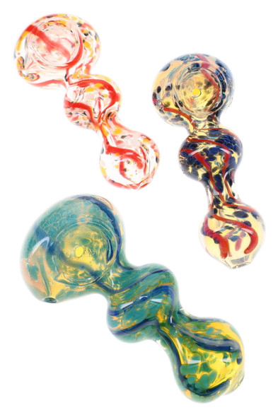 Assorted 4" glass spoon pipes with colorful frit, contrasting stripe accents, rounded bowls, and varied color patterns
