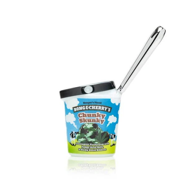 Front view of Hemper Bong & Cherry's Chunky Skunky ice cream pint hand pipe with angled clear glass stem