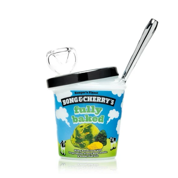 Front view of Hemper Bong & Cherry's Fully Baked ice cream pint bong with bright blue and green artwork