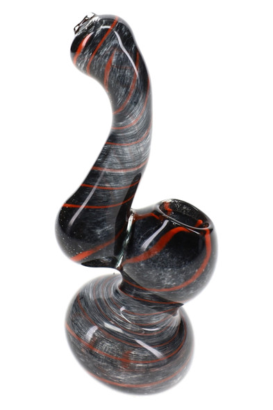 Black 4" mini frit glass Sherlock bubbler with red spiral stripes shown from the side on a white background