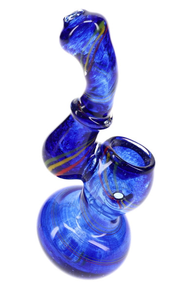 Blue 4" mini frit glass Sherlock bubbler with spiral Rasta stripes, glass ring accent and rounded base