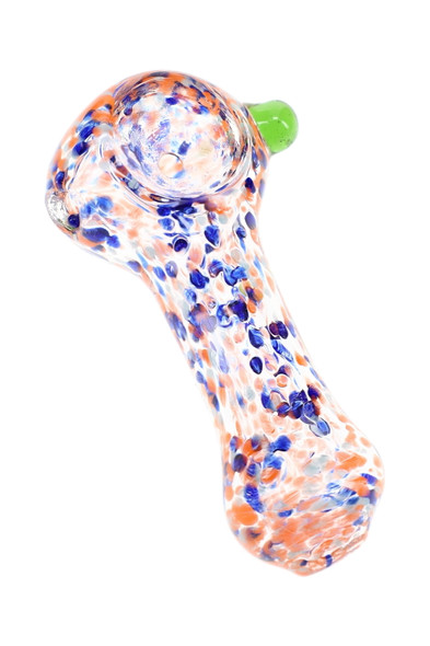 2.5" mini glass spoon pipe with blue and orange confetti frit pattern and green glass marble accent