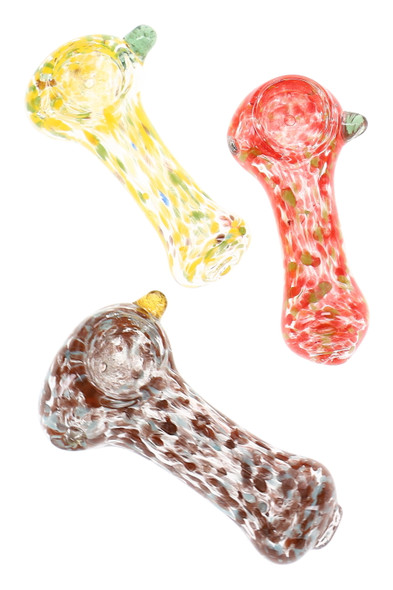 Three 2.5" mini glass spoon pipes with varied yellow, red, and brown confetti frit and colored marble accents
