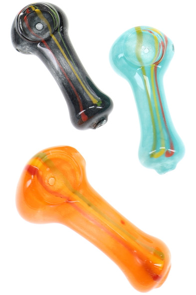 Three 2.5" mini glass spoon pipes in black, aqua, and orange with multicolor Rasta stripe accents
