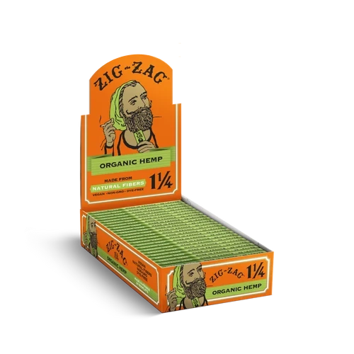 Open Zig-Zag Organic Hemp 1 1/4 retail carton with green paper packs arranged inside for counter display
