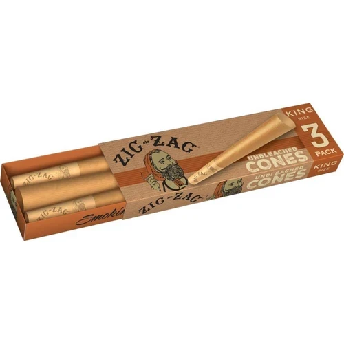 Open Zig-Zag King Size unbleached cone slider box showing three pre-rolled cones inside the retail package