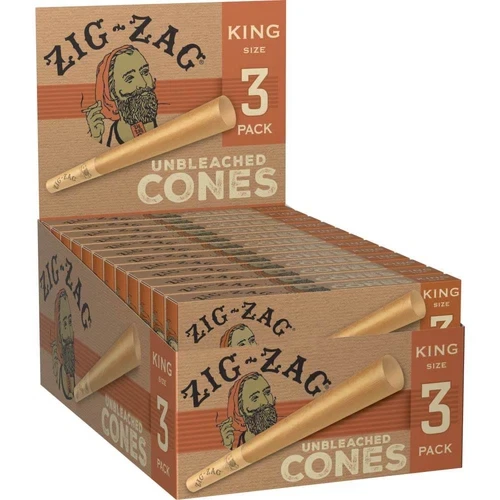 Open Zig-Zag King Size unbleached cones retail display with multiple 3-pack slider boxes arranged upright