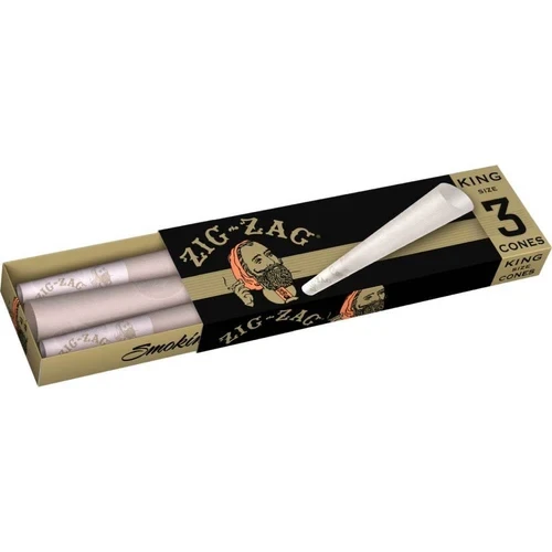 Open Zig-Zag King Size ultra-thin cone slider box showing three pre-rolled cones inside the retail package