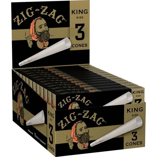 Open Zig-Zag King Size ultra-thin cone display with black and gold 3-pack slider boxes arranged upright