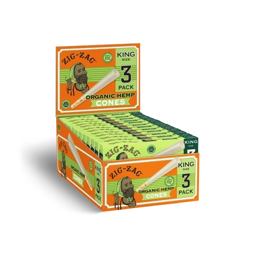 Open Zig-Zag King Size Organic Hemp cone display with green 3-pack boxes arranged for retail merchandising