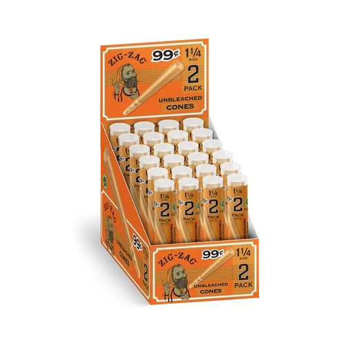 Zig-Zag 1 1/4 unbleached cone display carton with 24 orange 2-cone tubes arranged upright for retail counters