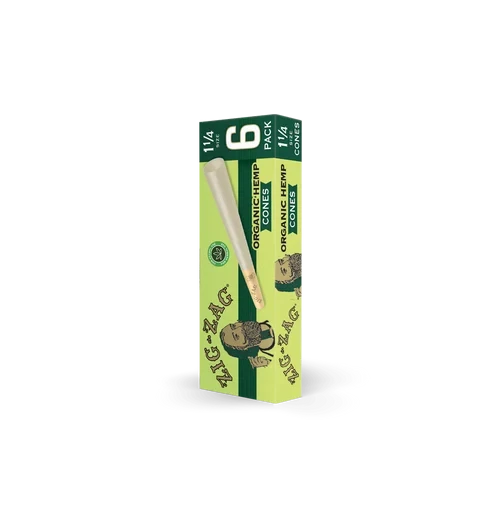 Zig-Zag 1 1/4 Organic Hemp cones 6-pack in green retail packaging with pre-rolled cone pictured on front