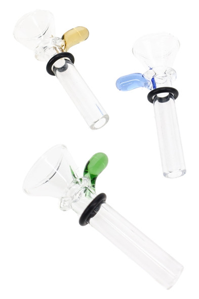 Three clear Ancient Creations glass slide bowls with black sealing rings and amber, blue, and green handles